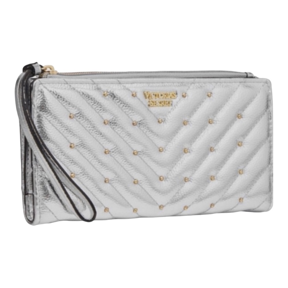 Victoria's Secret quilted metallic silver, studded wristlet wallet … - Picture 1 of 15